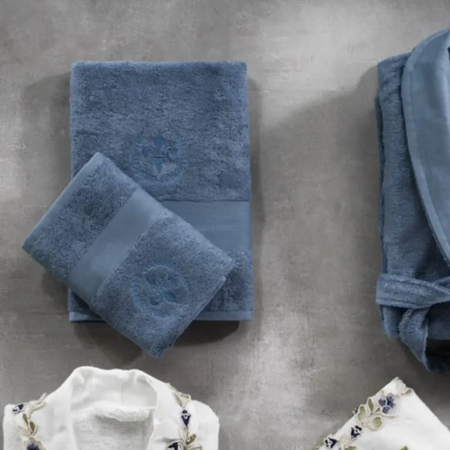 Azur Bambu Dantelli Aile Bornoz Seti / Krem - İndigo - Zebra Casa (1)