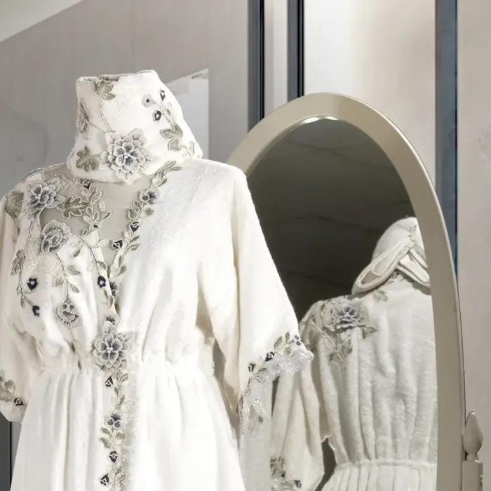 Azur Kadın Krem-Lacivert Balayı Bornoz Seti - 4