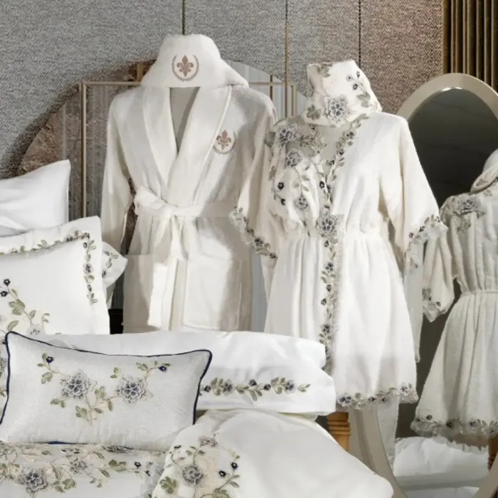 Azur Kadın Krem-Lacivert Balayı Bornoz Seti - 5