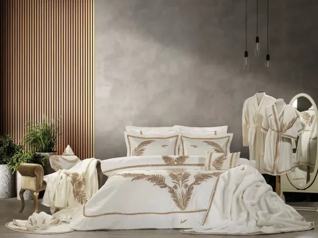 Caroline 23 Parça Premium Çeyiz Yatak Seti / Bej 