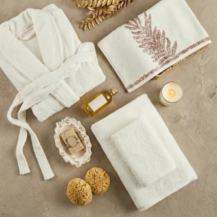 Caroline 6 Parça Bambu Aile Bornoz Seti / Krem - 4