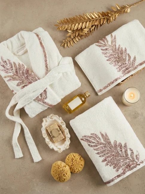 Caroline 6 Parça Bambu Aile Bornoz Seti / Krem - 2