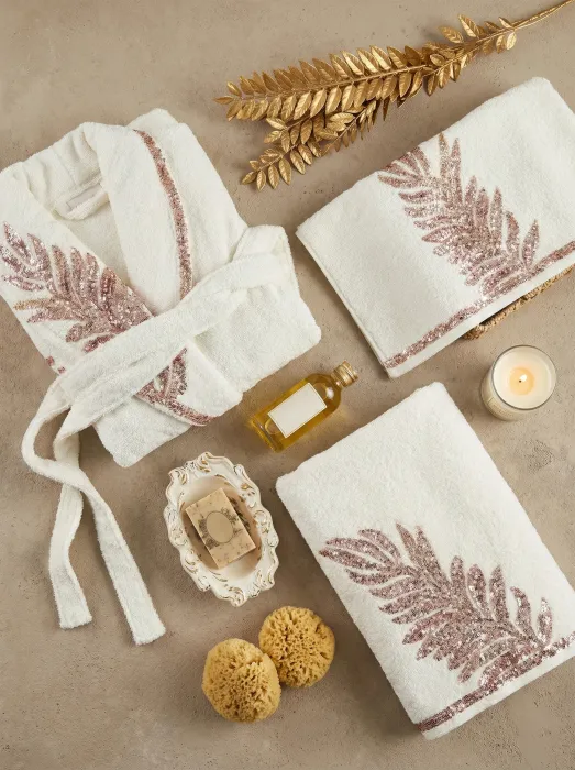 Caroline 6 Parça Bambu Aile Bornoz Seti / Krem - 2