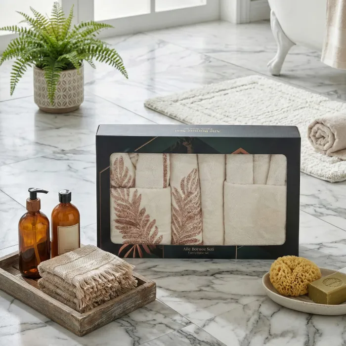 Caroline 6 Parça Bambu Aile Bornoz Seti / Krem - 5