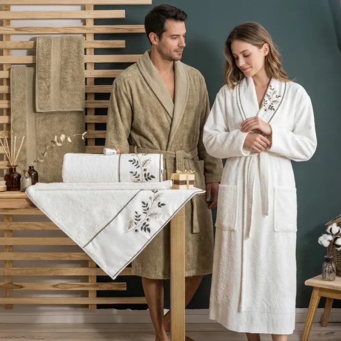 Flame 6 Parça Pamuk Nakışlı Aile Bornoz Seti - 1