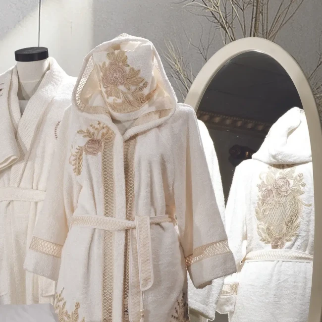 Flora Kadın Balayı Bornoz Seti / Krem-Capp - Zebra Casa (1)