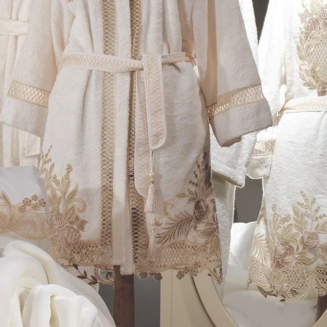 Flora Kadın Balayı Bornoz Seti / Krem-Capp - 5