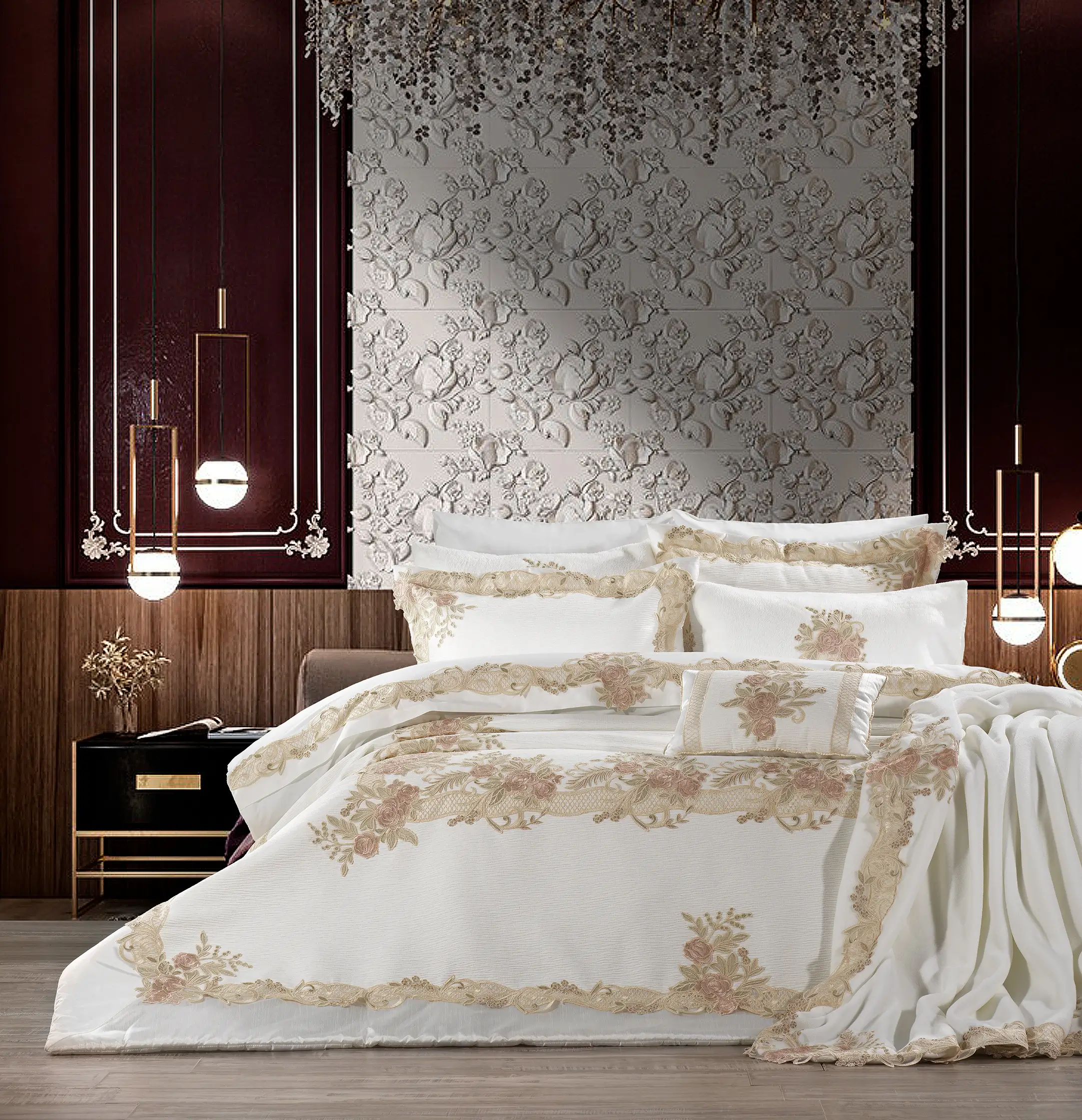 Flora 3'lü Set / Krem-Cappuccino Çeyiz Setleri Zebra Casa M