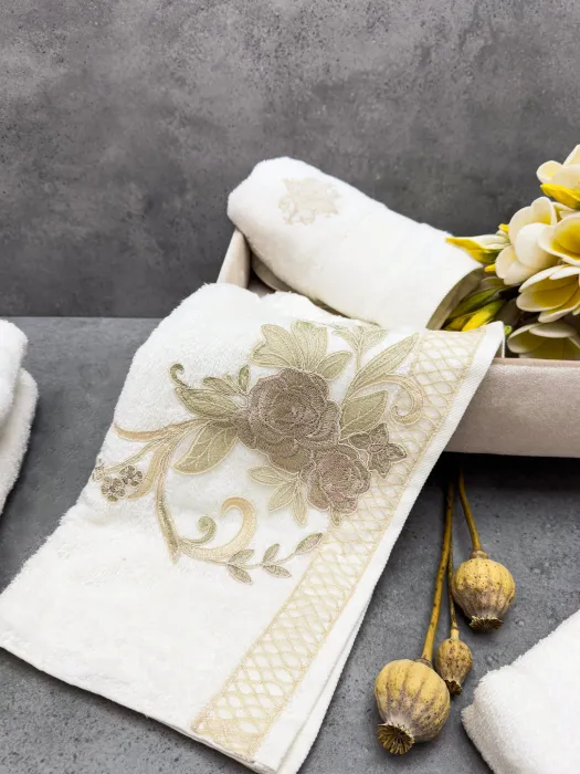 Flora Bambu Dantelli Aile Bornoz Seti / Krem - 2