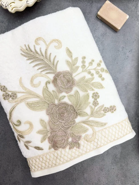 Flora Bambu Dantelli Aile Bornoz Seti / Krem - 5