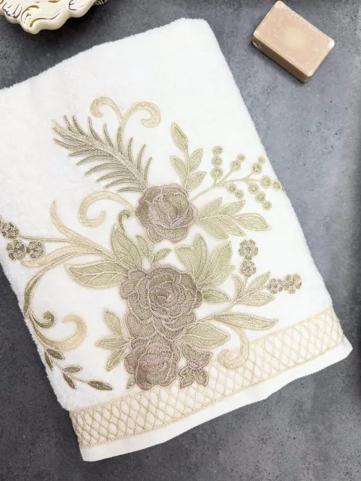 Flora Bambu Dantelli Aile Bornoz Seti / Krem - 5