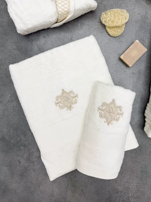 Flora Bambu Dantelli Aile Bornoz Seti / Krem - 6