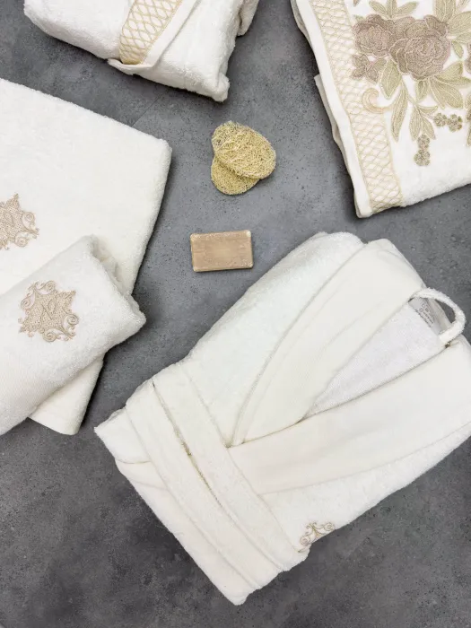 Flora Bambu Dantelli Aile Bornoz Seti / Krem - 4