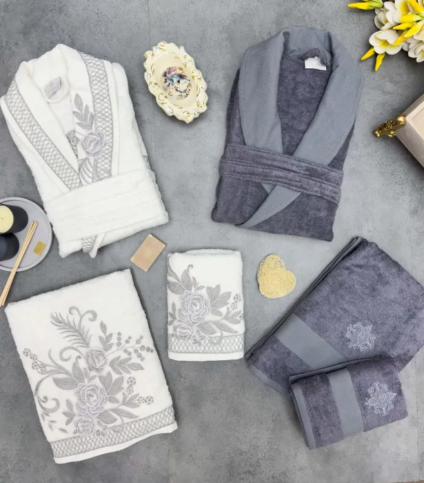 Flora Bambu Dantelli Aile Bornoz Seti / Krem - Antrasit - 1