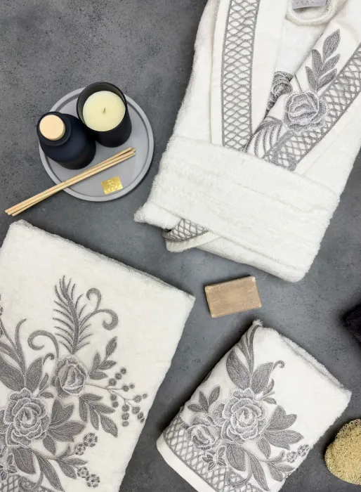 Flora Bambu Dantelli Aile Bornoz Seti / Krem - Antrasit - 3