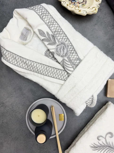 Flora Bambu Dantelli Aile Bornoz Seti / Krem - Antrasit - 4