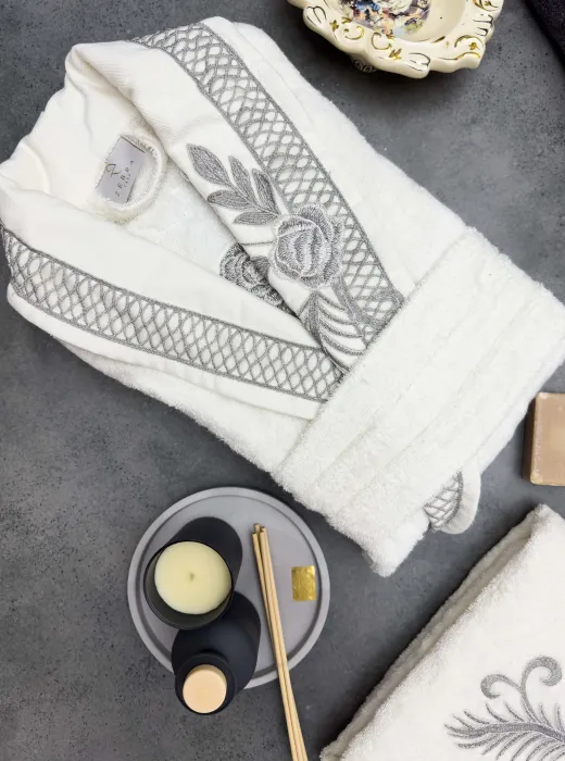 Flora Bambu Dantelli Aile Bornoz Seti / Krem - Antrasit - 4