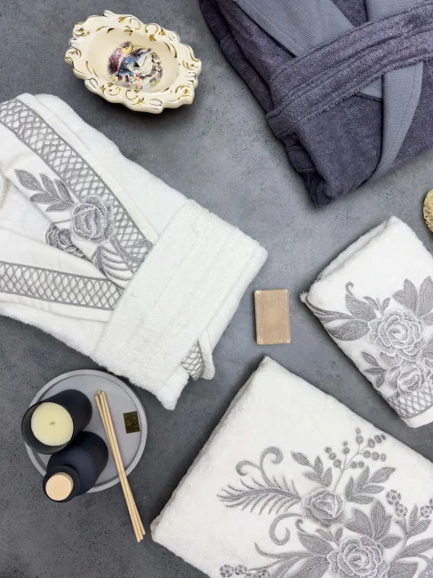 Flora Bambu Dantelli Aile Bornoz Seti / Krem - Antrasit - 5