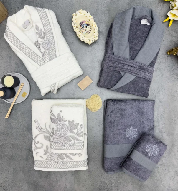 Flora Bambu Dantelli Aile Bornoz Seti / Krem - Antrasit - Zebra Casa (1)