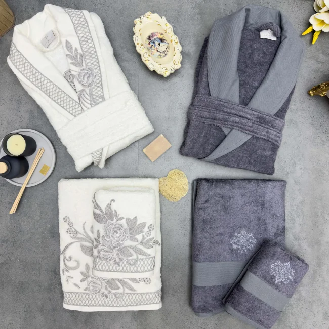 Flora Bambu Dantelli Aile Bornoz Seti / Krem - Antrasit