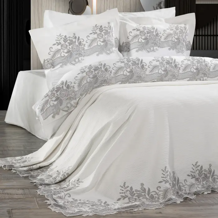 Flora Gri Çift Kişilik Pike Seti  - 1