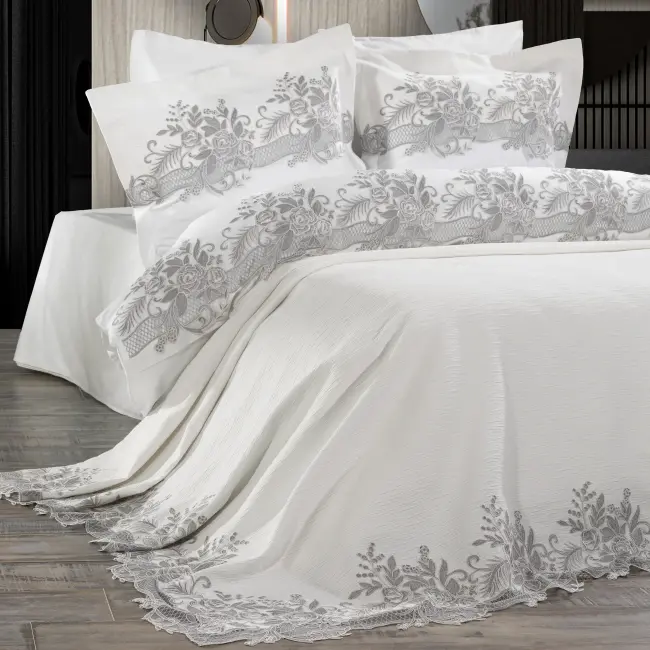 Flora Gri Çift Kişilik Pike Seti  - Zebra Casa