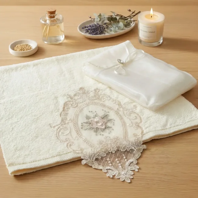 Floransa Çeyizlik Keseli Havlu / Krem - 1