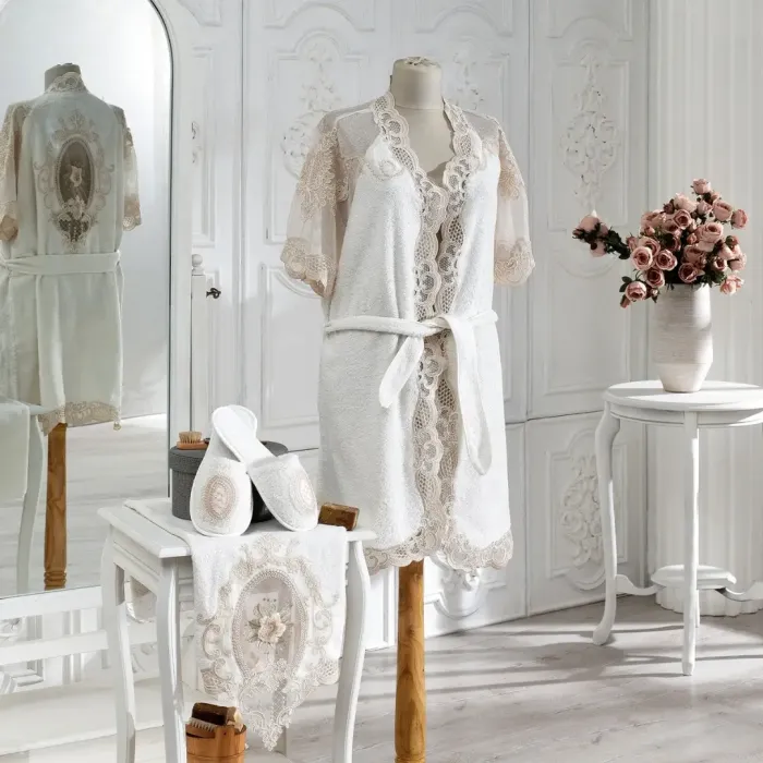 Floransa Kadın Balayı Bornoz Seti / Krem - 1