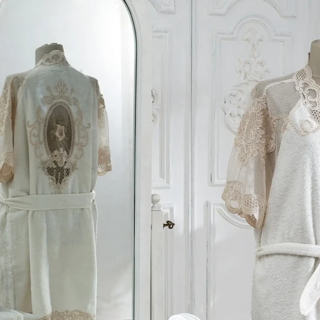 Floransa Kadın Balayı Bornoz Seti / Krem - Zebra Casa (1)