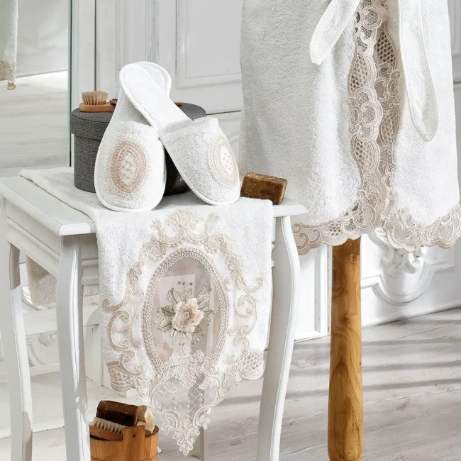 Floransa Kadın Balayı Bornoz Seti / Krem - 4