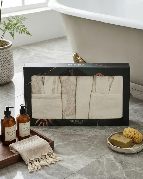 Gisele 6 Parça Bambu Aile Bornoz Seti / Krem - 5