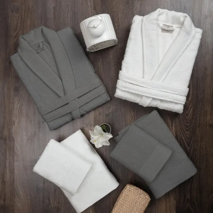 Hera 6 Parça Pamuk Aile Bornoz Seti Krem/Antrasit - 1