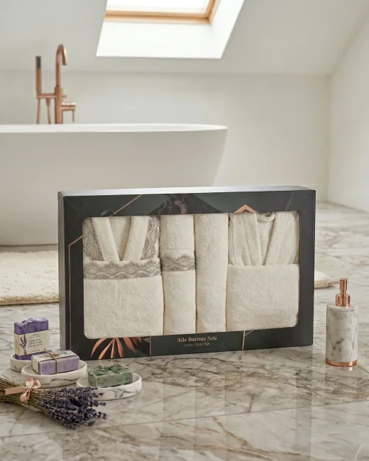 Holly 6 Parça Bambu Aile Bornoz Seti / Krem - 4