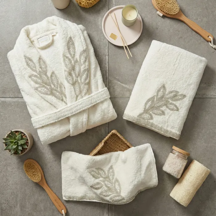 Karen 6 Parça Bambu Aile Bornoz Seti / Krem - Antrasit - 1