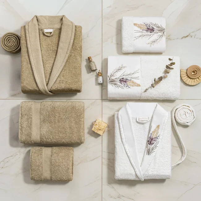 Myra 6 Parça Pamuk Nakışlı Aile Bornoz Seti - 4