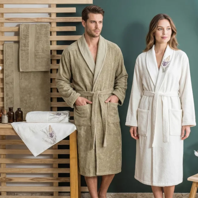 Myra 6 Parça Pamuk Nakışlı Aile Bornoz Seti - 1