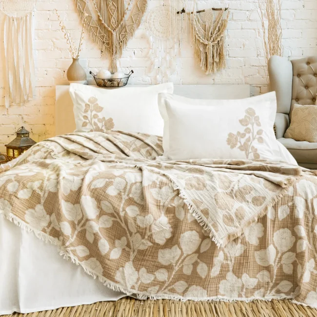 Nelly Müslin Yatak Örtüsü Takımı / Bej - Zebra Casa (1)