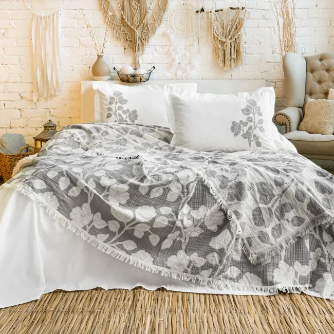 Nelly Müslin Yatak Örtüsü Takımı / Gri - Zebra Casa (1)