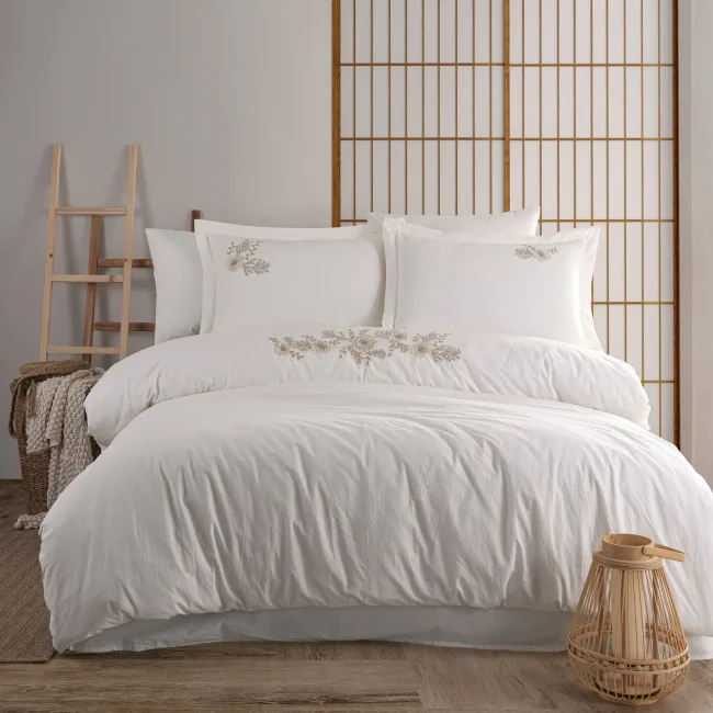 Perge Çift Kişilik Nakışlı Naturel Nevresim Takımı / Bej