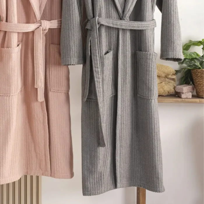 Pia %100 Pamuklu Aile Bornoz Seti Antrasit / Pudra - 4