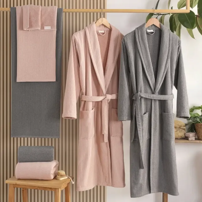 Pia %100 Pamuklu Aile Bornoz Seti Antrasit / Pudra - 1