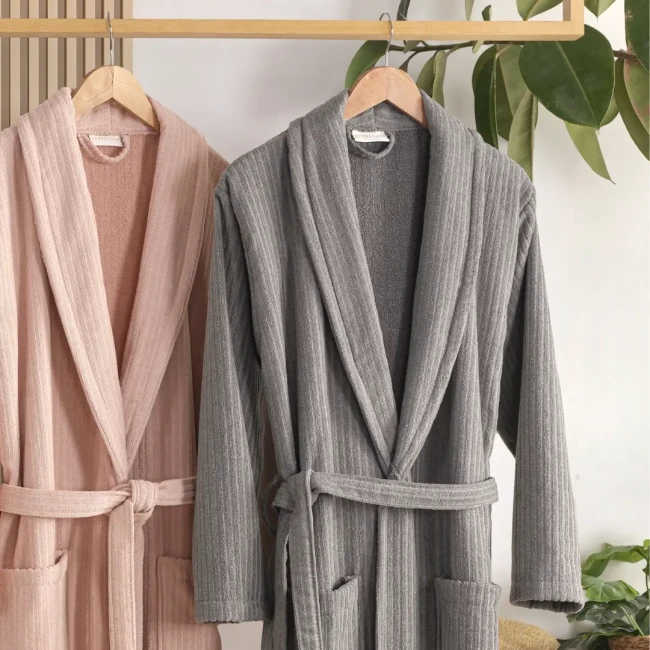 Pia %100 Pamuklu Aile Bornoz Seti Antrasit / Pudra - 3