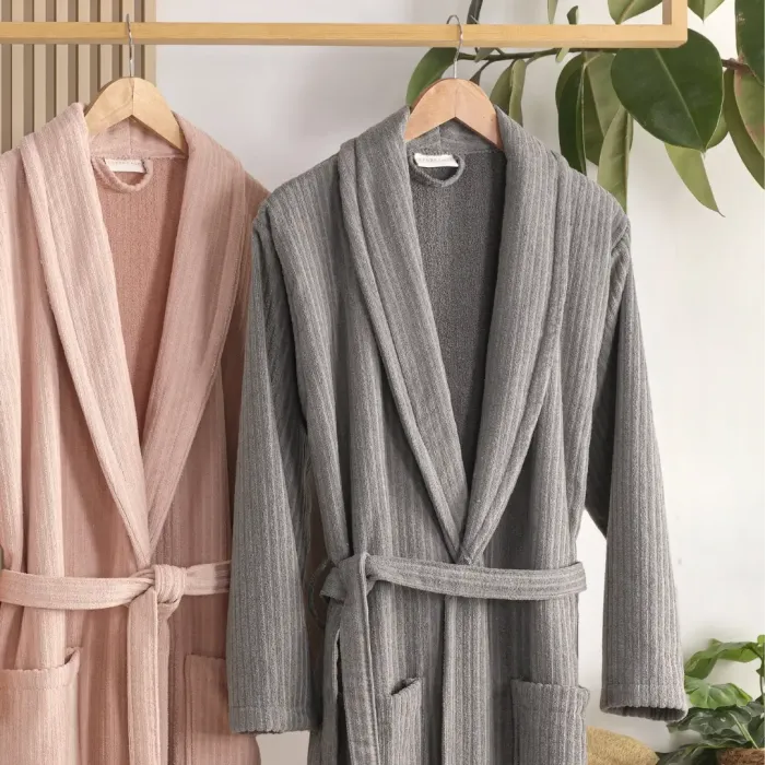 Pia %100 Pamuklu Aile Bornoz Seti Antrasit / Pudra - 3