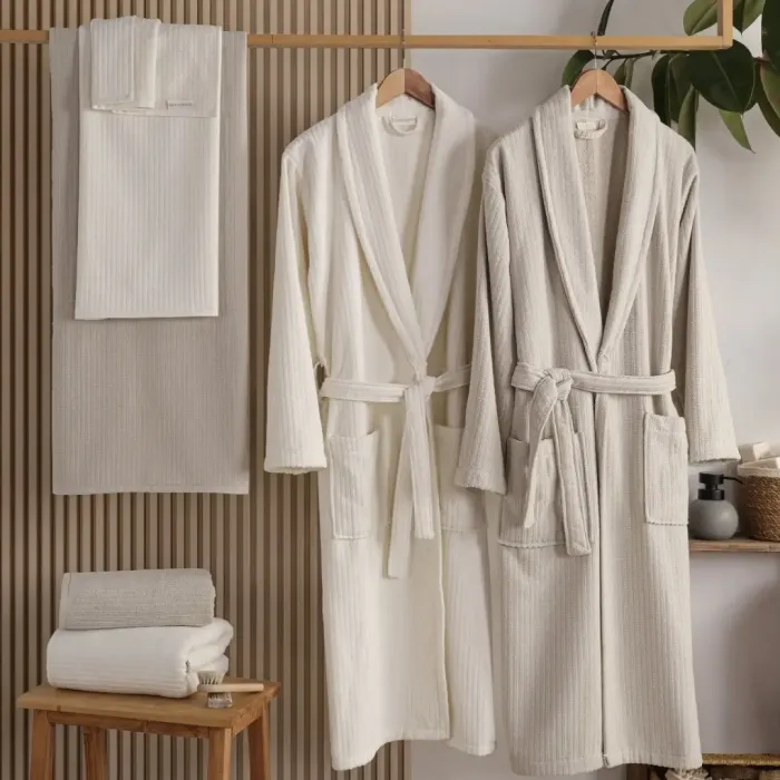 Pia %100 Pamuklu Aile Bornoz Seti / Bej - Krem - 1