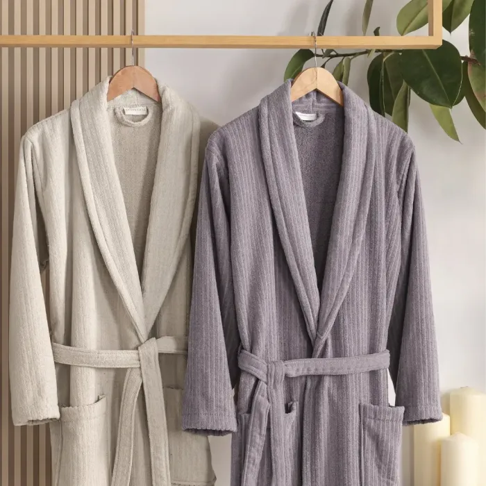 Pia %100 Pamuklu Aile Bornoz Seti / Mürdüm - Taş - 1