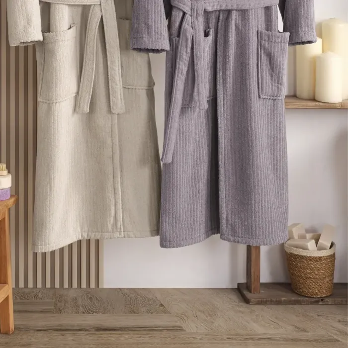 Pia %100 Pamuklu Aile Bornoz Seti / Mürdüm - Taş - 2