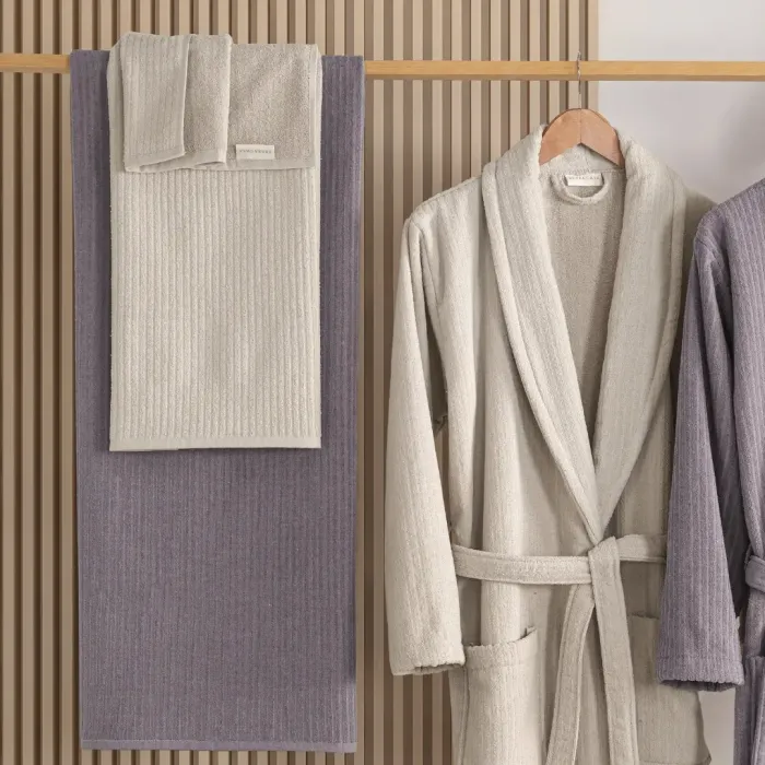 Pia %100 Pamuklu Aile Bornoz Seti / Mürdüm - Taş - 4