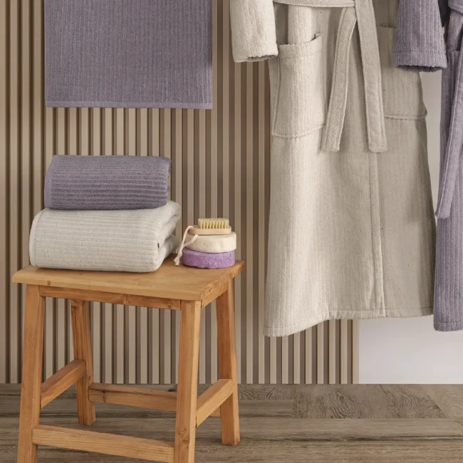 Pia %100 Pamuklu Aile Bornoz Seti / Mürdüm - Taş - 5