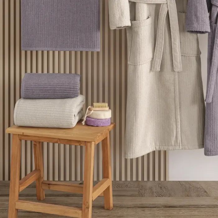 Pia %100 Pamuklu Aile Bornoz Seti / Mürdüm - Taş - 5