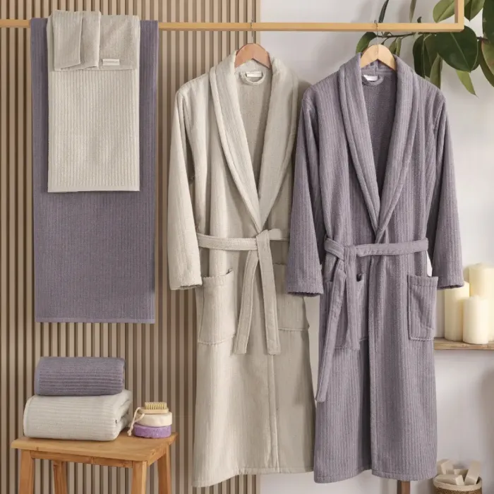 Pia %100 Pamuklu Aile Bornoz Seti / Mürdüm - Taş - 3